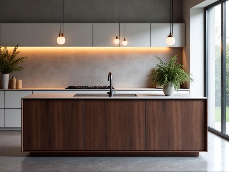 A minimalist kitchen island with built-in biogas system featuring a walnut-veneered digestion unit, copper gas piping exposed as design elements, and a induction cooktop that automatically switches between biogas and solar power sources. Nordic-style pendant lights cast warm accents on the integrated waste sorting station.