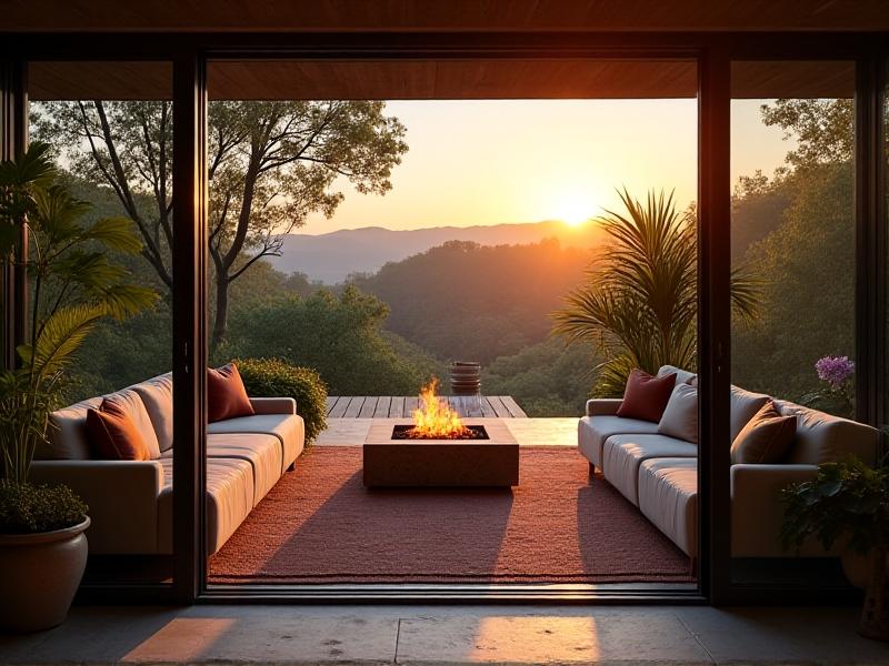 Contemporary open-plan living room with retractable window walls partially open, revealing a wooden deck with a fire pit under a warm sunset sky. Earthy-toned furniture, woven rugs, and potted plants create harmony between interior and exterior spaces.