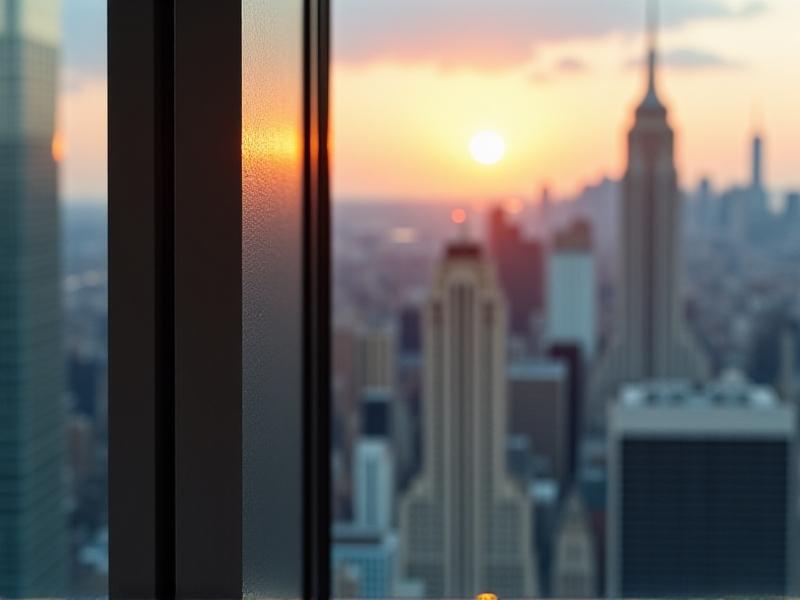 Close-up of a brushed aluminum window wall frame with thermal breaks and composite panels, set against a blurred urban skyline. Afternoon light highlights the texture of the durable, powder-coated finish and smooth track mechanism.