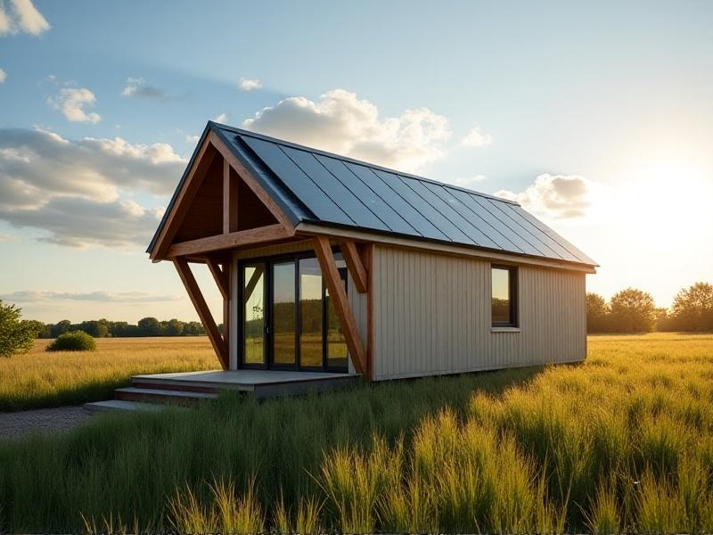 A modern tiny home with a 5:12 pitched roof adorned with glossy solar panels, positioned in a sunlit meadow. Panels are angled at 40 degrees to capture midday sun, reflecting a focus on renewable energy and off-grid efficiency.