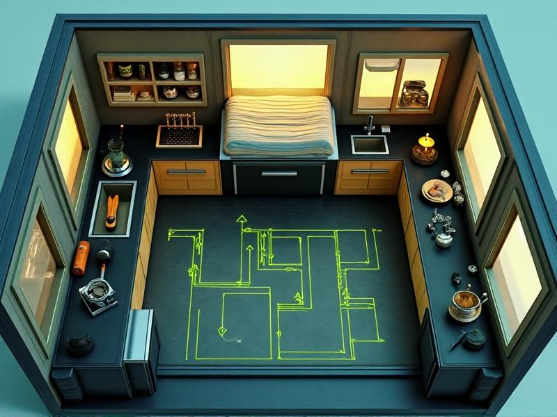 An overhead blueprint of a tiny home with neon green arrows marking escape routes from a loft bed and kitchen area, 3D render with translucent walls and minimalist furniture in a cyberpunk aesthetic.