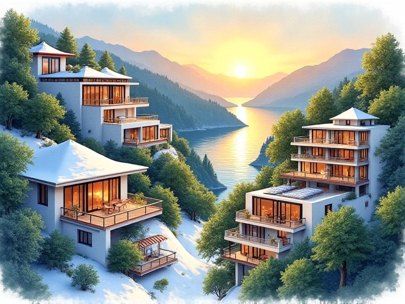 A collage of four regional homes: a snow-covered earth-sheltered house in Norway, a white stucco villa with shaded patios in Spain, a bamboo-framed tropical home with elevated floors in Thailand, and a suburban net-zero home with solar panels in California. Each adapts passive solar principles to its environment, rendered in a cohesive watercolor style.
