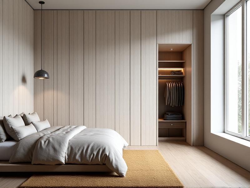 A Scandinavian-style bedroom with white-painted modular wooden slats dividing the sleeping area from a walk-in closet. Soft natural light filters through the vertical slats, casting delicate shadows on pale oak flooring and a neutral linen bedspread.