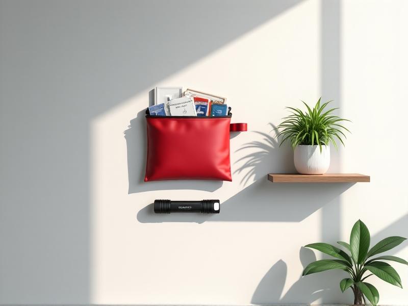 A minimalist emergency kit with a red vacuum-sealed pouch containing bandages, a silver multi-tool, and compact flashlight, mounted on a wall next to a floating shelf holding a potted plant, digital illustration with soft shadows and neutral backgrounds.
