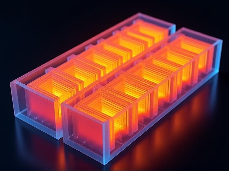 An exploded view of a battery module with orange heating films between prismatic cells. Thermal imaging shows warm cell interfaces while the outer casing remains frosted. Wavy heat patterns rise from active heating elements during a simulated cold start.