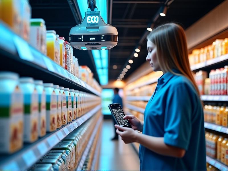 A brightly lit supermarket aisle with digital shelf tags displaying rolling discounts on organic milk cartons. A store employee in a blue uniform scans a QR code using a handheld device while a ceiling-mounted robot with a basket collects near-expiry items for donation.