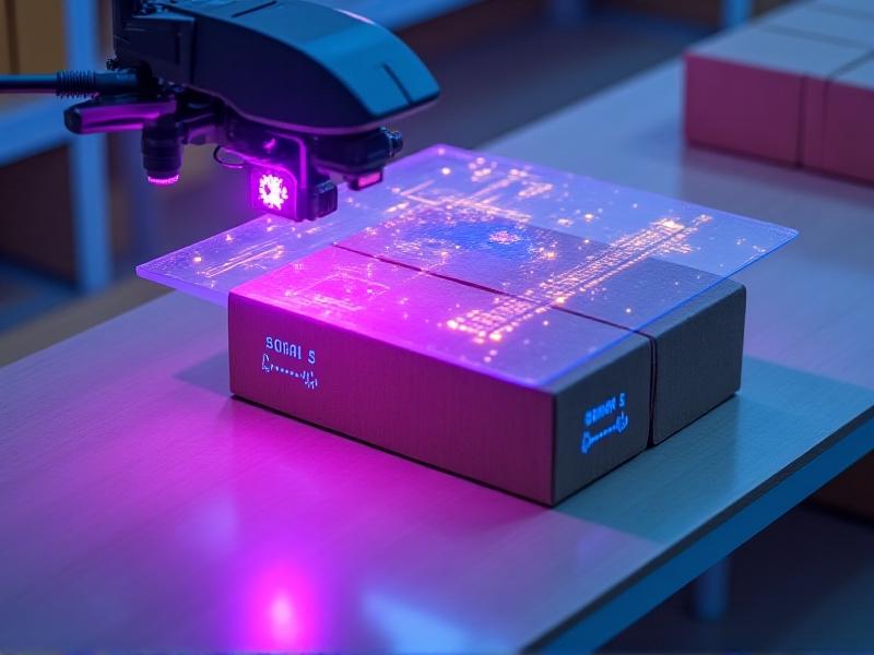 Close-up of a cardboard box with a glowing RFID tag being scanned by a drone with purple laser beams. In the background, translucent digital overlays show temperature maps and a freshness countdown timer. Shelves have embedded weight sensors and proximity-activated LED indicators.