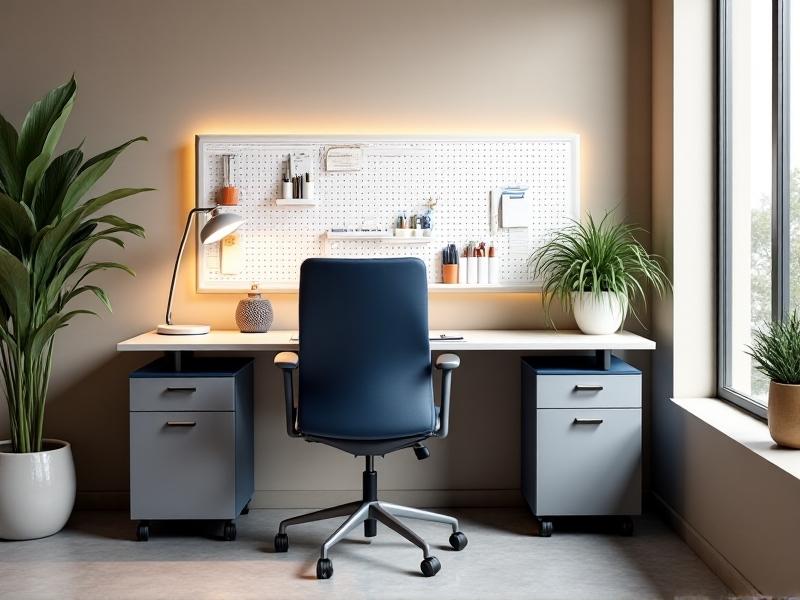 A sleek, adjustable L-shaped desk in a 150 sq ft office with built-in drawers, paired with a slim ergonomic chair in soft navy blue. The desk is positioned adjacent to a white pegboard holding office supplies, maximizing floor space while maintaining a modern, airy aesthetic.