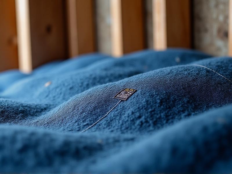 A detailed shot of blue recycled denim insulation batts installed between wooden studs, highlighting their fibrous texture and eco-friendly branding tags, with soft natural light emphasizing safety and sustainability.