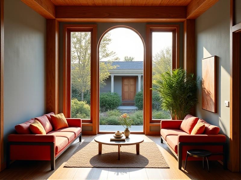 A welcoming ADU interior with exposed wooden beams, mid-century modern furniture, and large windows showcasing a landscaped backyard. Soft golden-hour lighting emphasizes the space’s rental-ready appeal and design sophistication.