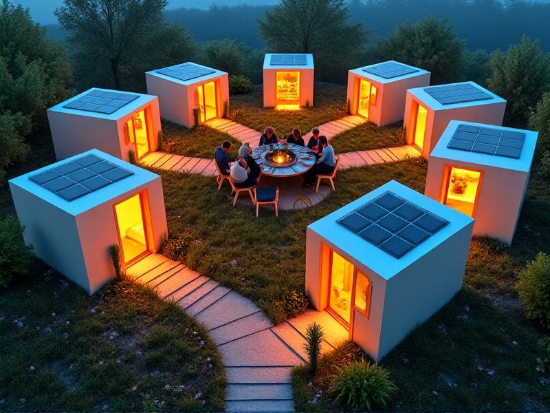 A vibrant aerial view of a modern tiny home community with 10 colorful, minimalist houses arranged in a circular pattern around a communal garden. Solar panels glint on rooftops under a clear blue sky, while residents gather at a picnic table, emphasizing community and sustainability.