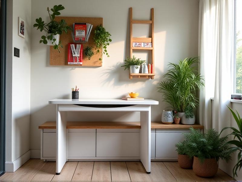 A Scandinavian-style tiny home corner with a white foldable desk attached to the wall, flanked by a bench that opens to reveal storage compartments. A pegboard above displays hanging baskets of school supplies, while a nearby ladder doubles as a plant holder and bookshelf.