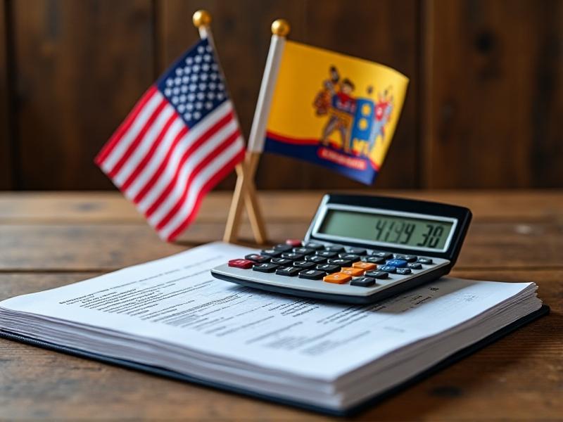 A desktop scene with a calculator, tax documents, and two state flags side by side, soft warm lighting, and a rustic wooden background, conveying financial planning across states.