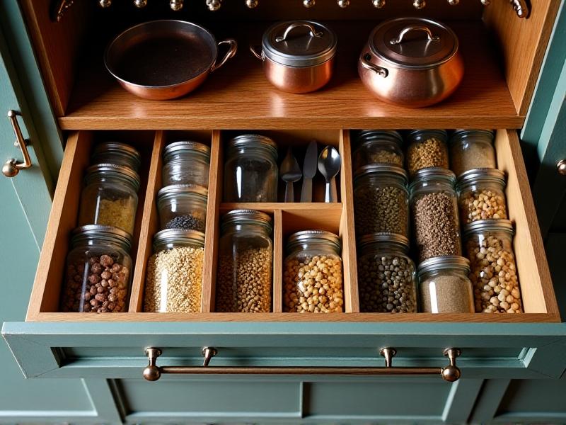 Neatly organized drawers with compartments for knives, measuring spoons, and utensils. Clear glass jars in a pantry display grains and legumes, while copper pots hang from a ceiling rack. Earthy tones and natural textures create a warm, efficient workspace.