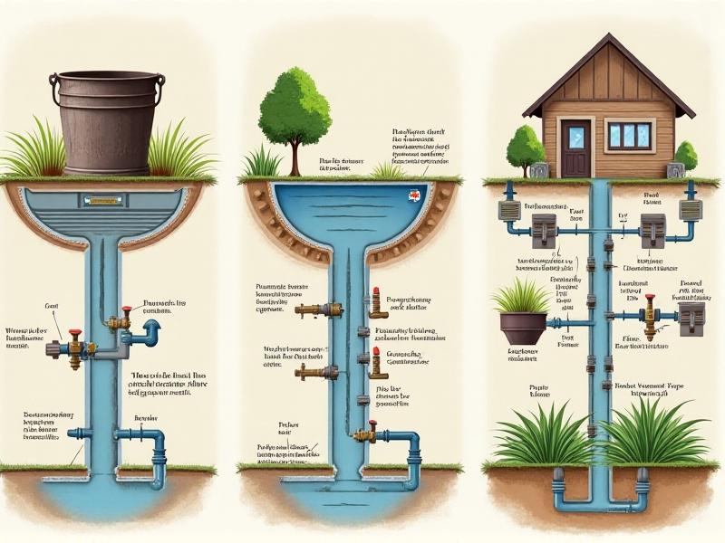 A split-view infographic comparing three greywater systems: a simple bucket setup, branched drain network, and filtered drip irrigation. Technical illustrations with labels, muted earth tones, and clean lines for clarity.