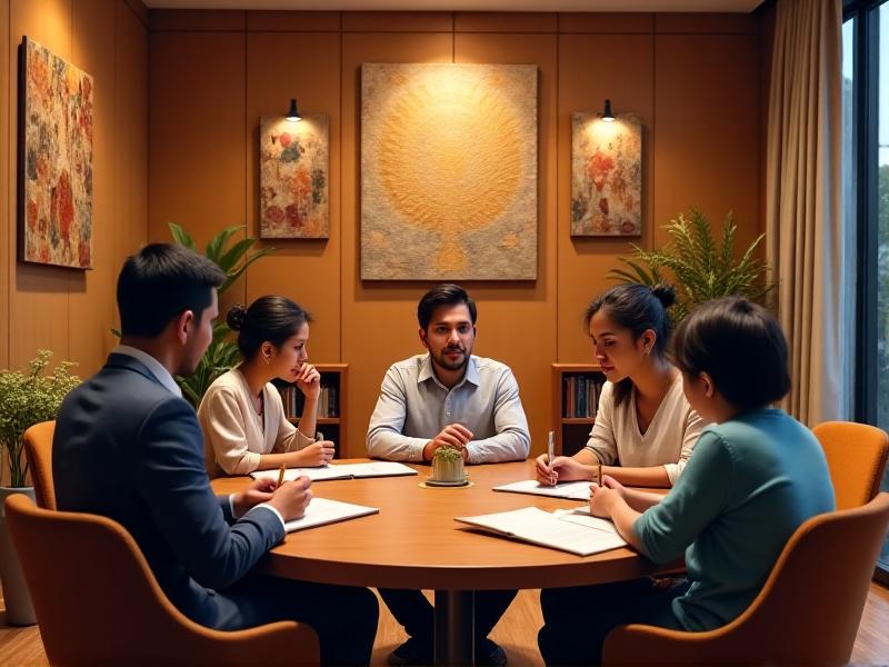 A diverse family sitting with a mediator in a cozy office, warm tones, soft lighting, expressing collaboration and support.
