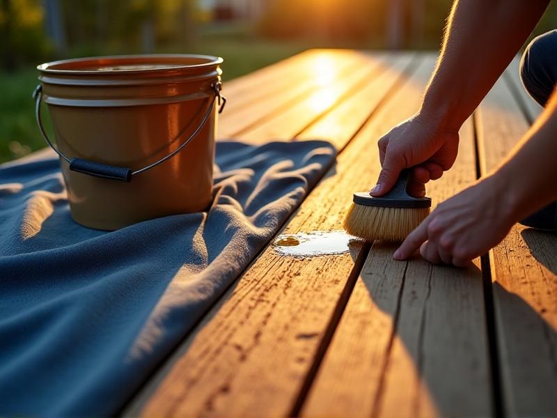 Close-up of hands applying waterproof sealant to a cedar deck board using a foam brush. A bucket of golden sealant sits beside weathering steel tools on a drop cloth. Late afternoon sun highlights the wood's rich grain texture. Keywords: deck preservation, weatherproofing techniques, DIY maintenance.