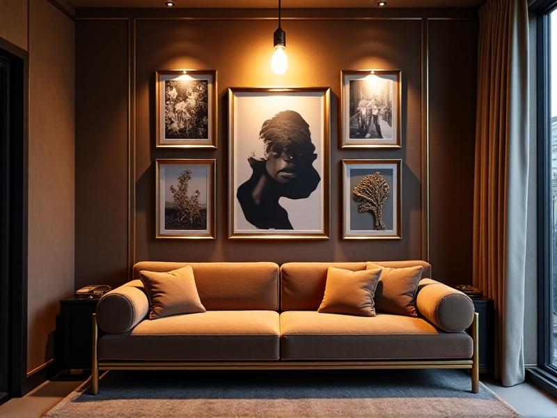 A luxe bedroom accent wall covered in magnetic leather panels with gold-trimmed edges, displaying framed black-and-white photos and abstract metal sculptures. A chic velvet sofa sits below, bathed in the warm glow of a pendant light, merging art curation with high-end storage.