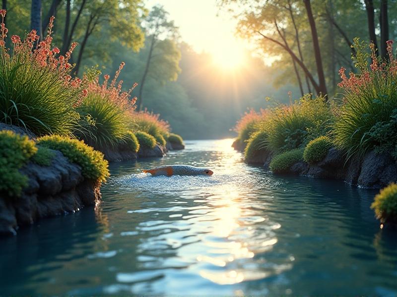 A serene river ecosystem with a micro-hydro intake structure partially submerged in clear water. Sunlight reflects off the surface, highlighting undisturbed fish swimming near the turbine. The scene juxtaposes human innovation and environmental stewardship, framed by wildflowers and moss-covered rocks along the riverbank.