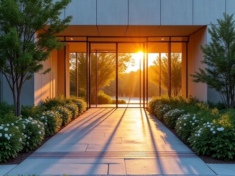 A contemporary building entrance with a sweeping glass-curved ramp, surrounded by lush greenery, tactile ground indicators, and automatic sliding doors reflecting golden-hour sunlight, showcasing seamless accessibility.