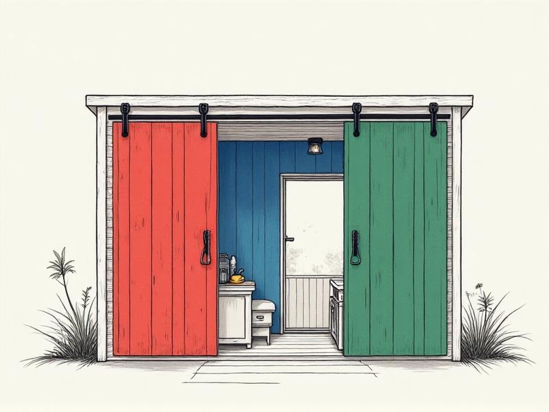 An architect's sketch of a tiny home floorplan showing color-coded zones for cooking, sleeping, and lounging. The drawing highlights sliding barn doors, a loft accessible by ladder, and convertible furniture, rendered in a minimalist style with annotations about materials and dimensions.