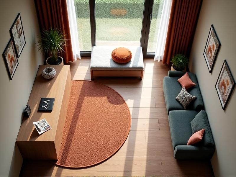 An aerial view of a 400-square-foot apartment with defined zones: a elevated dog bed beneath a workspace, a retractable food station near kitchen tiles, and a circular pet play mat in muted terracotta tones, connected by paw-friendly textured pathways.