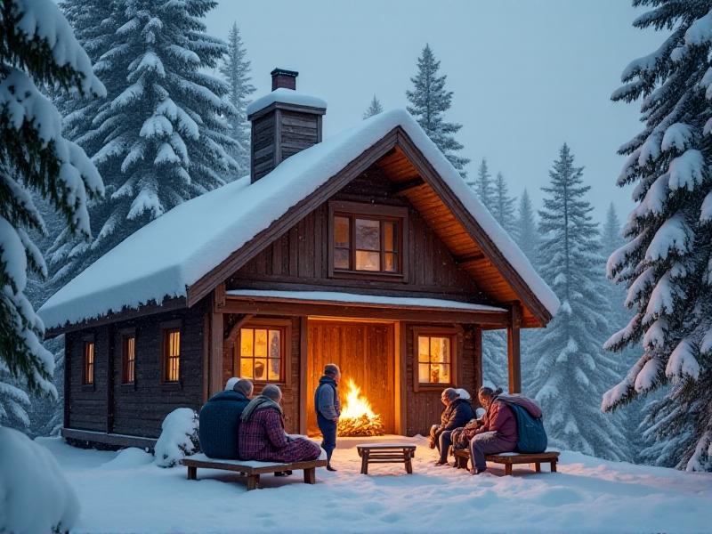 A snowy mountain cabin with a propane furnace venting steam into the icy air, surrounded by heavy snowfall. Inside, a family gathers near a warm fireplace. On the opposite side, a modern home with electric baseboard heaters struggles to melt frost on windows during a winter storm. Hyper-realistic details capture texture in snow, glowing flames, and condensation effects.