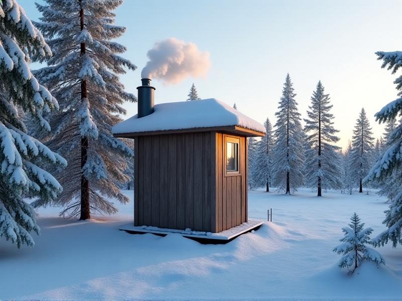 A frost-covered composting toilet unit installed in a rustic cabin, surrounded by snow-dusted pine trees. Steam rises from the vent pipe under a pale blue winter sky, illustrating cold-weather adaptations for sustained functionality.