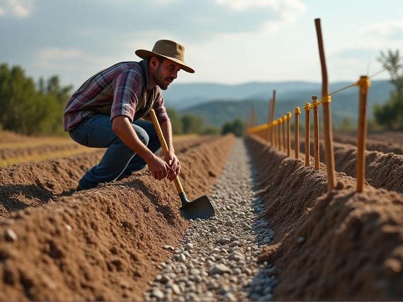 A construction site being prepared for CEB building, showing a leveled plot with wooden stakes and string marking the foundation perimeter. A worker in a wide-brimmed hat uses a shovel to dig a trench, while a pile of gravel sits nearby for drainage.