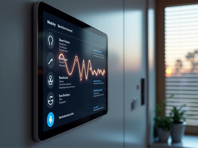 A close-up of a tablet interface mounted on a kitchen wall, displaying icons for lighting, temperature, and security. The screen shows a voice command waveform, with smart plugs and automated blinds visible in the background.