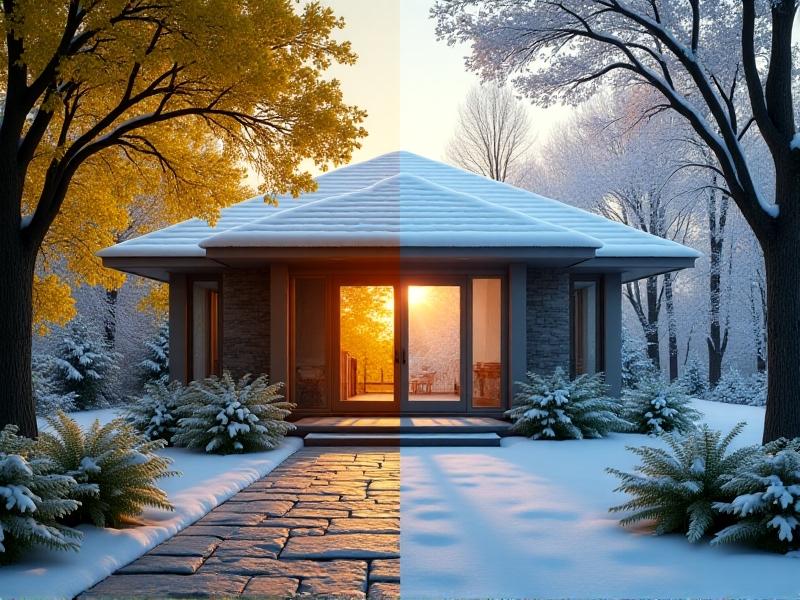 A split-image showing a house in summer with shaded windows and a green canopy, contrasted against winter with snow-covered ground and sunlight streaming onto a stone floor. Style: Comparative photorealistic seasons. Keywords: seasonal thermal adjustment, passive solar design, sustainable home maintenance.