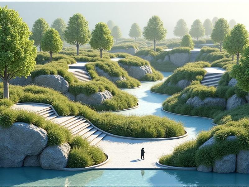 A 3D landscape design diagram showing tiered phytoremediation gardens with labeled plants, bioswales, and pathways. The illustration uses a muted color palette with pops of green and blue, combining technical detail with artistic rendering for visual clarity.