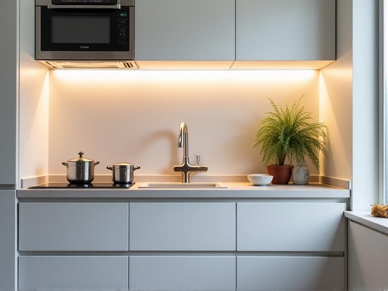 A compact kitchen with white cabinetry and quartz countertops, featuring pull-out shelves, a side-opening oven at waist height, and a faucet with motion-sensor activation. The space is illuminated by under-cabinet LED lights, creating a bright, functional cooking area suitable for seated users.