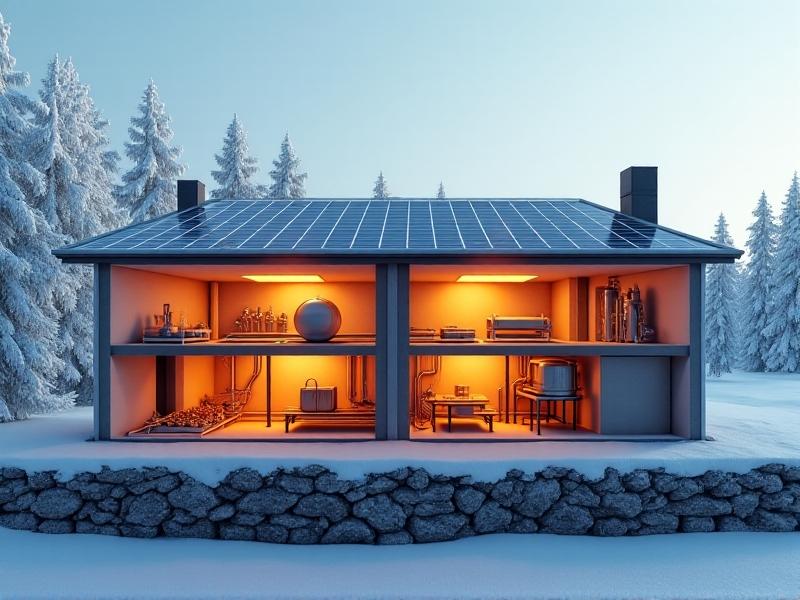 Side-by-side diagrams of passive and active solar water heaters. The passive model shows a rooftop collector feeding into an elevated storage tank with natural convection flow. The active version includes a pump, controller, and underground pipes, set against a snowy landscape to highlight cold-weather functionality.