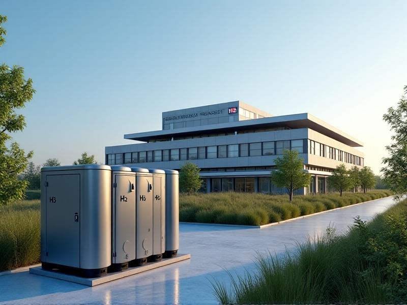 An exterior view of a hospital with a hydrogen fuel cell backup unit mounted on a concrete pad, silver storage tanks labeled 'H2' beside solar panels, under a clear blue sky with a green energy certification plaque visible.