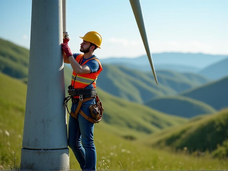 A technician in a safety harness secures a micro wind turbine to a galvanized steel tower against a backdrop of rolling hills. The scene captures the technical process of installation, emphasizing precision and engineering.