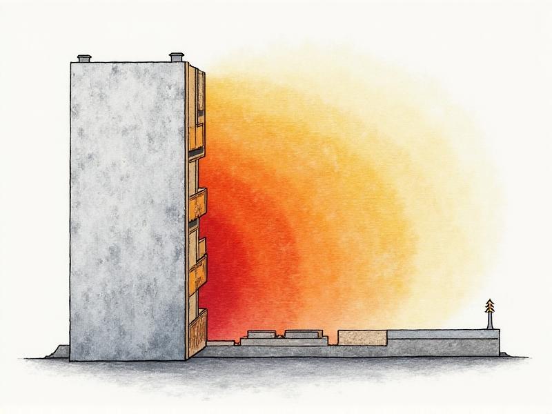 An illustrated cross-section of a building wall showing heat absorption and radiation through layered materials like concrete and insulation. Arrows indicate heat flow from daytime sunlight to nighttime release. Style: Technical drawing with soft gradients and labels. Keywords: thermal mass diagram, heat storage, thermal lag, energy transfer.