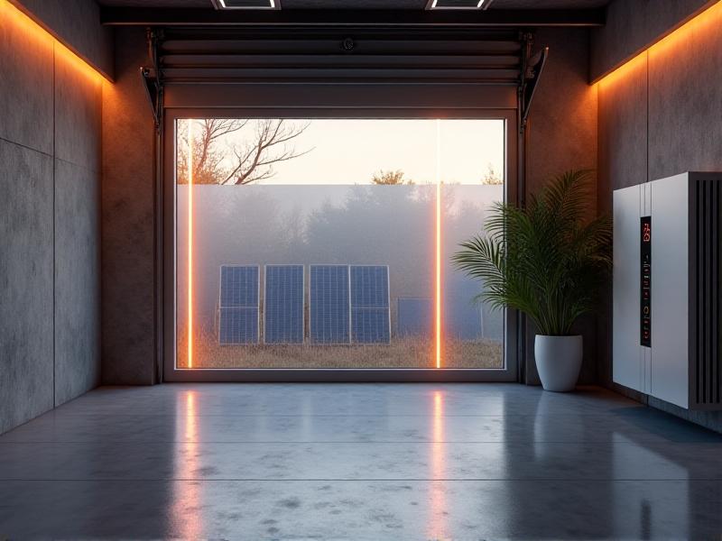 A wall-mounted lithium-ion battery bank and hybrid inverter unit in a modern garage. Wires connect the system to solar panels outside, while a digital display shows real-time energy production and consumption metrics. Clean, minimalist design with soft LED lighting.