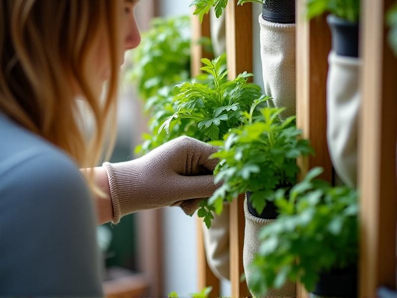 A hands-on DIY installation of a vertical garden: someone in gardening gloves placing parsley and basil plants into felt pockets mounted on a wooden frame. Tools like a drill and hose lie nearby, with soft daylight filtering through a backyard setting.