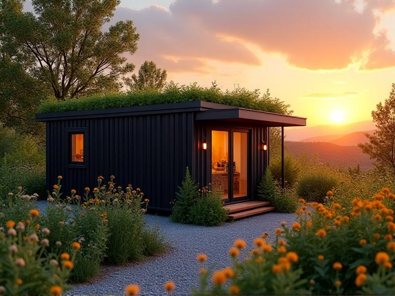 A contemporary tiny home with a green roof and vertical solar panels on a sleek black exterior. Rain barrels and a compost bin sit beside a gravel path lined with wildflowers. Sunset hues cast long shadows, highlighting eco-conscious design and off-grid functionality.