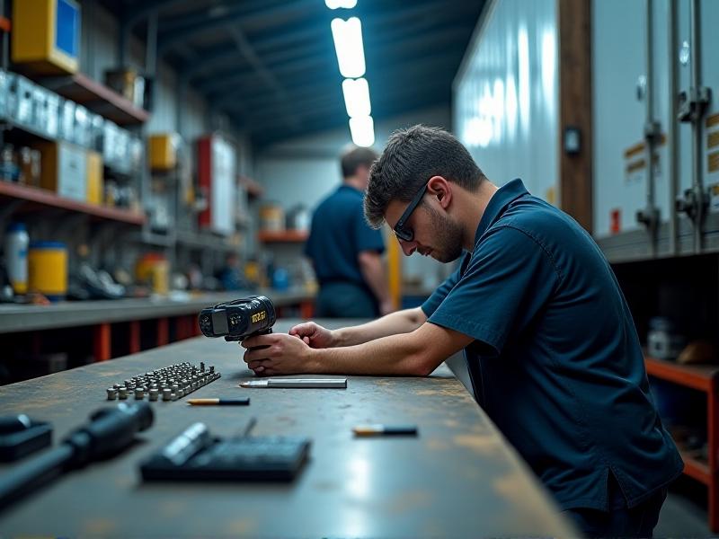 A time-lapse sequence showing a mechanic installing a hitch: drilling frame holes, tightening bolts with a torque wrench, and testing sway control. Workshop setting with fluorescent lighting, tools scattered on a bench, style: documentary photography with muted tones.