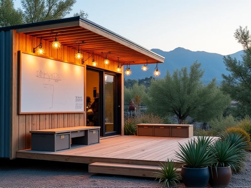 A fold-down deck serving as an outdoor classroom, with a dry-erase board mounted on the mobile home wall and storage bins under benches. Decorative string lights hang above a group of potted succulents, with mountain peaks visible in the hazy distance. Keywords: adaptive deck use, mobile home education space, functional design.