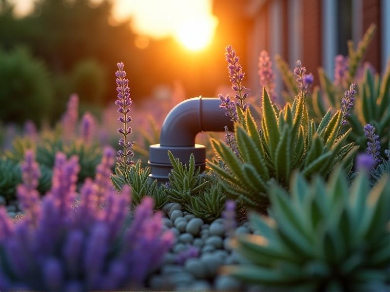 A close-up of a greywater hose trickling into a raised garden bed filled with lavender and succulents. The setting is a tiny home backyard at sunset, with golden light reflecting off the water droplets. The scene emphasizes sustainability and harmonious land use.