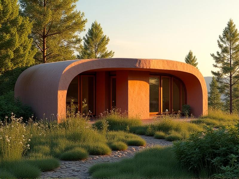 A rustic single-story home with smooth, curved walls made of reddish-brown compressed earth blocks. Large windows with wooden frames allow golden-hour sunlight to spill into the interior. Lush greenery surrounds the structure, blending natural and built environments seamlessly.