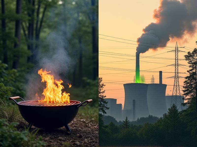 A side-by-side comparison: left side shows a propane grill emitting faint wispy smoke against a forest backdrop, with text bubbles indicating CO2 and water vapor; right side illustrates power lines connected to a coal-fired plant emitting dark plumes, contrasted with a green arrow pointing to rooftop solar panels. Earthy tones dominate, with a muted color palette emphasizing ecological themes.