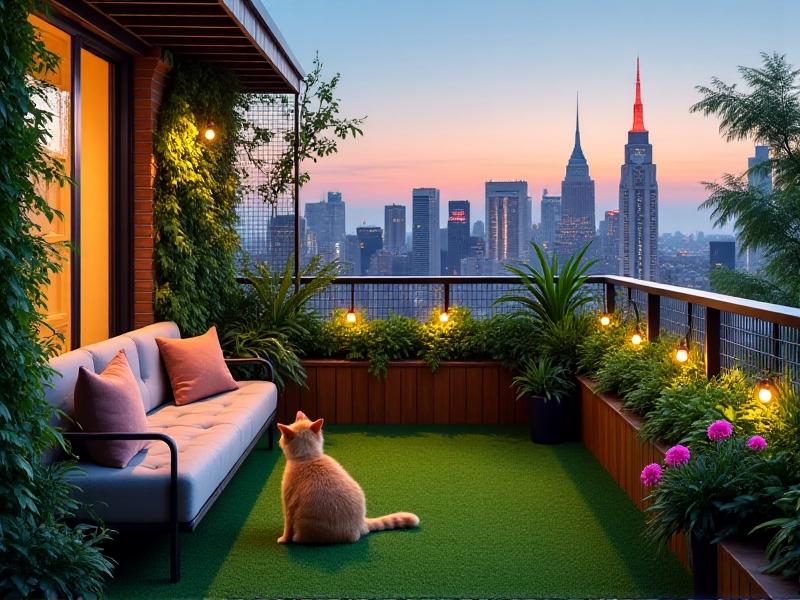 A 50-square-foot balcony transformed into a pet oasis with artificial grass flooring, a secure mesh-enclosed cat perch overlooking city views, and a vertical garden wall featuring edible plants, lit by solar-powered string lights during twilight hours.