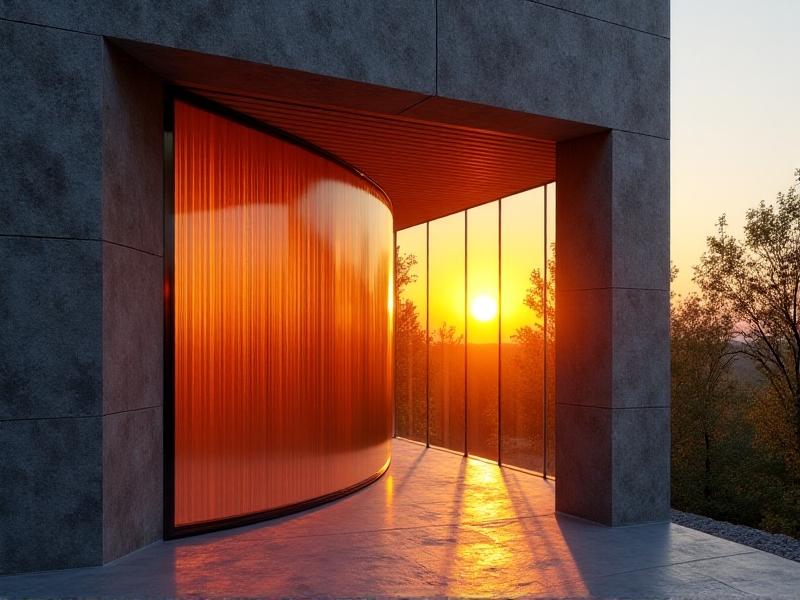 A Trombe wall in a contemporary home: sunlit glass panels cover a dark stone wall, with heat waves rising into the interior. The setting sun casts long shadows, emphasizing the wall’s thermal storage. The image has a realistic texture, highlighting material contrasts between glass, stone, and wooden beams.