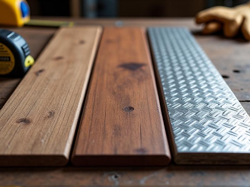 Three deck material samples displayed side-by-side: weathered cedar planks with visible grain, smooth composite boards in mocha brown, and galvanized steel panels with a diamond texture. A tape measure and safety gloves lie nearby on a workbench, suggesting a DIY project. Keywords: decking materials, durability comparison, mobile home upgrade.