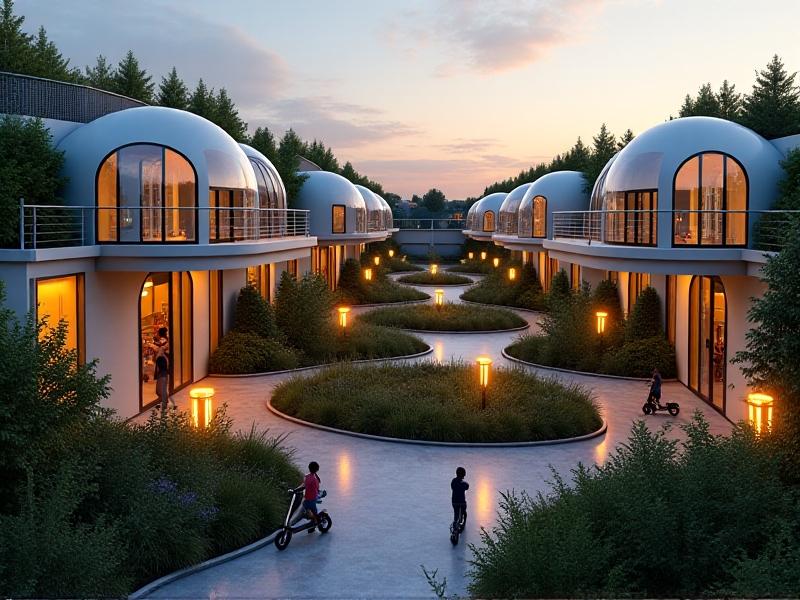 A futuristic tiny home neighborhood with modular, geodesic-domed houses connected by elevated walkways. Residents ride electric scooters past community solar farms and urban gardens, all under a twilight sky with glowing energy-efficient streetlamps.