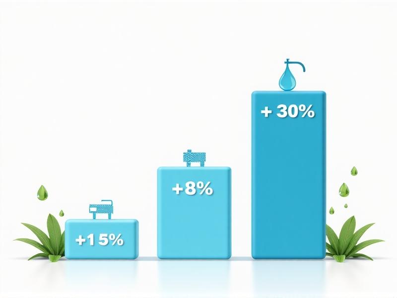 An infographic comparing annual water costs before and after installing an off-grid system. Blue bars decline sharply, with icons representing household usage categories. The background is a clean white, accented by green leaves and water droplets. Minimalist typography emphasizes percentages like '40% reduction' and '5-year ROI.'
